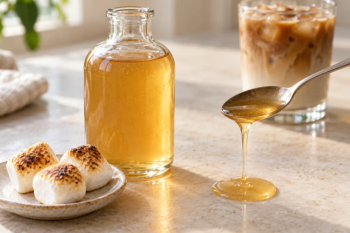 Illustration of amber toasted marshmallow syrup in a glass bottle beside an iced latte