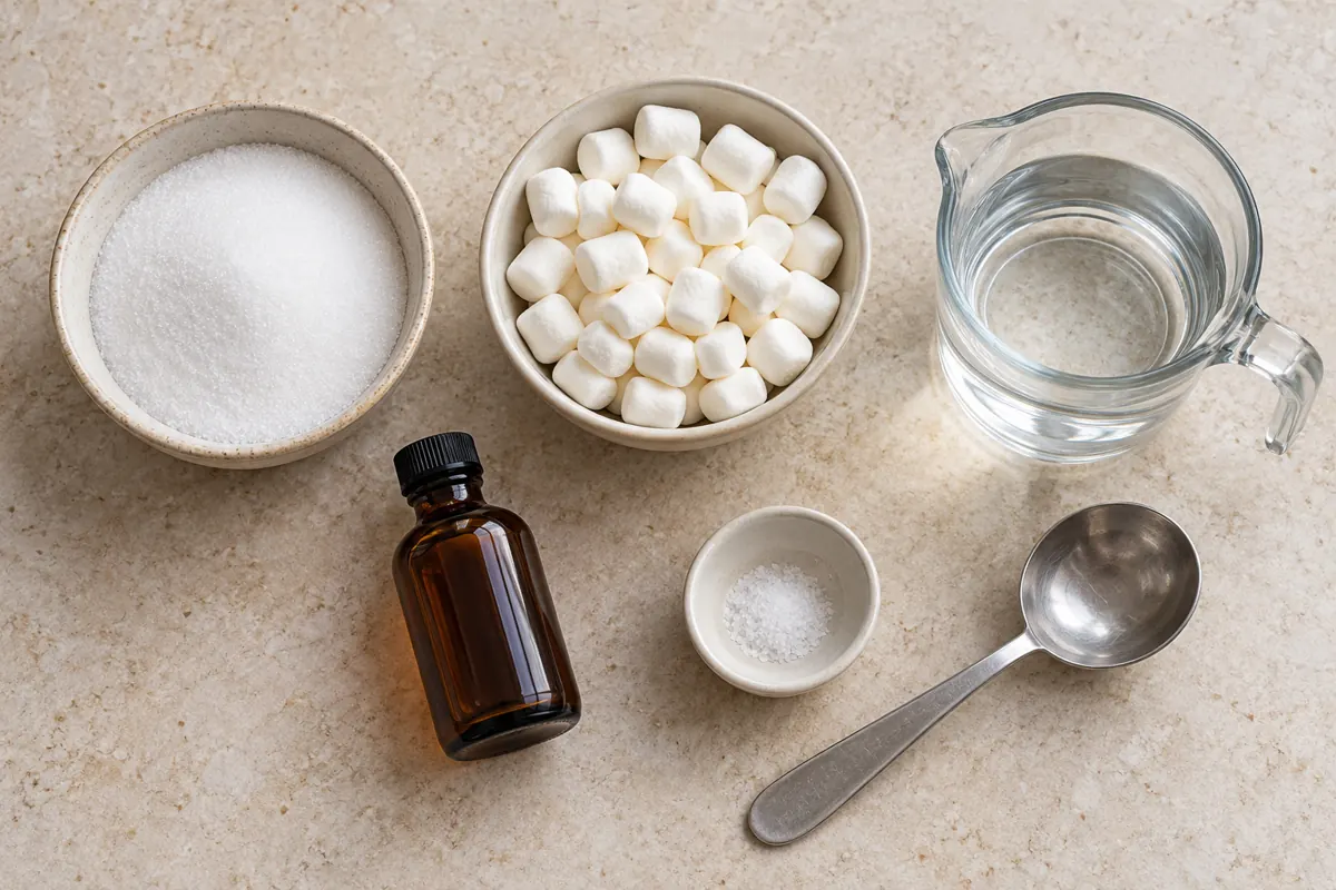 Illustration of mini marshmallows sugar water vanilla and salt for homemade syrup