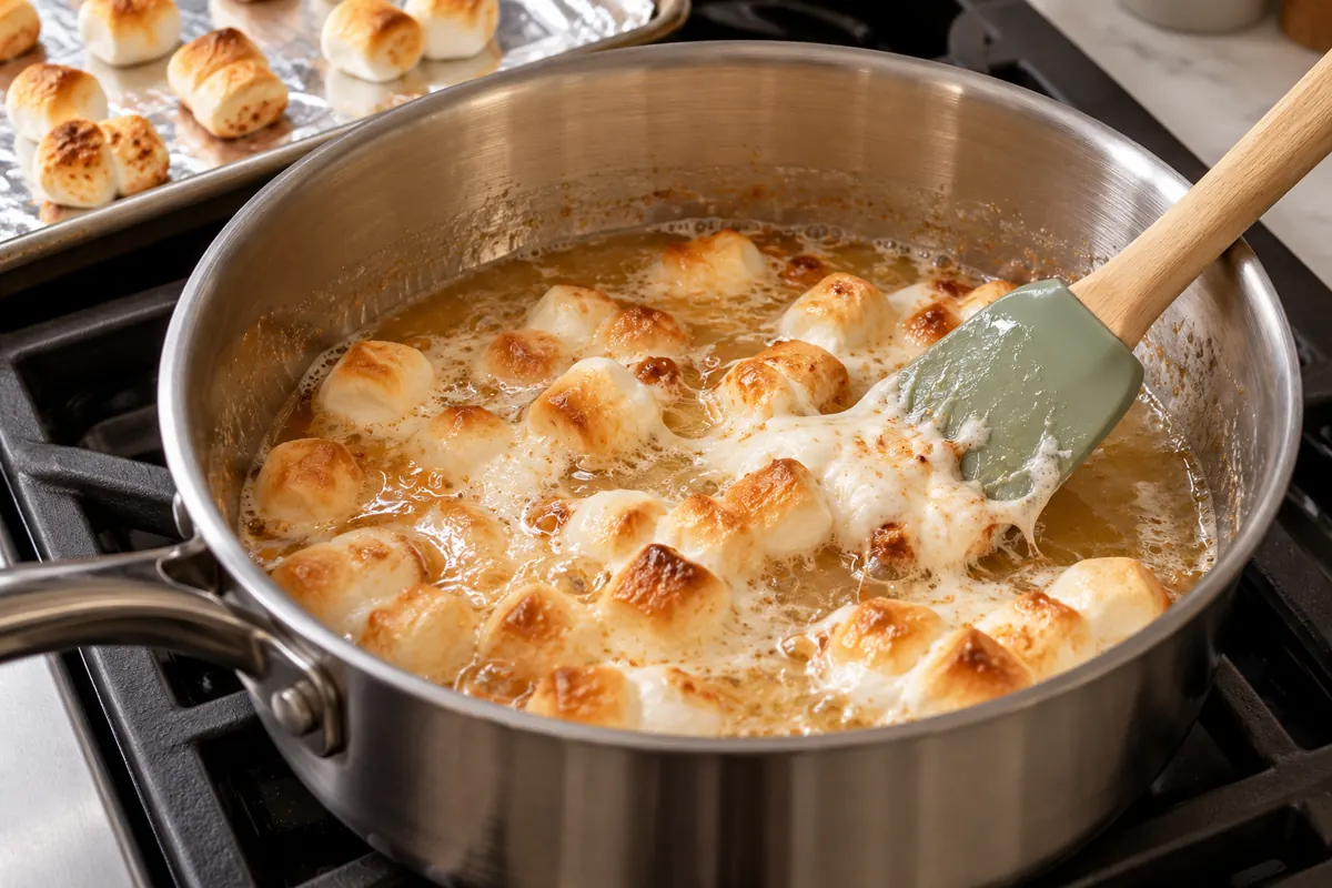 Illustration of toasted marshmallows melting into warm sugar syrup in a saucepan