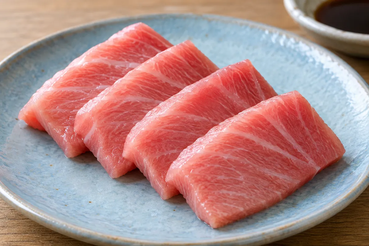 Pink fatty tuna sashimi slices with pale marbling on a blue plate without rice