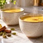 Two mugs of creamy golden turmeric chai with ginger, cinnamon and cardamom