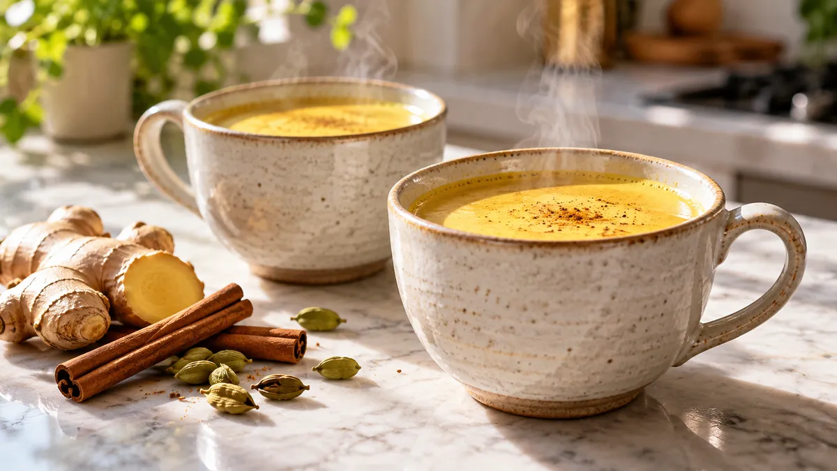 Two mugs of creamy golden turmeric chai with ginger, cinnamon and cardamom