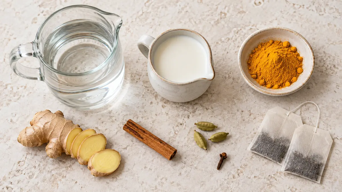 Milk, water, turmeric, ginger, cinnamon, cardamom, a clove and two black tea bags