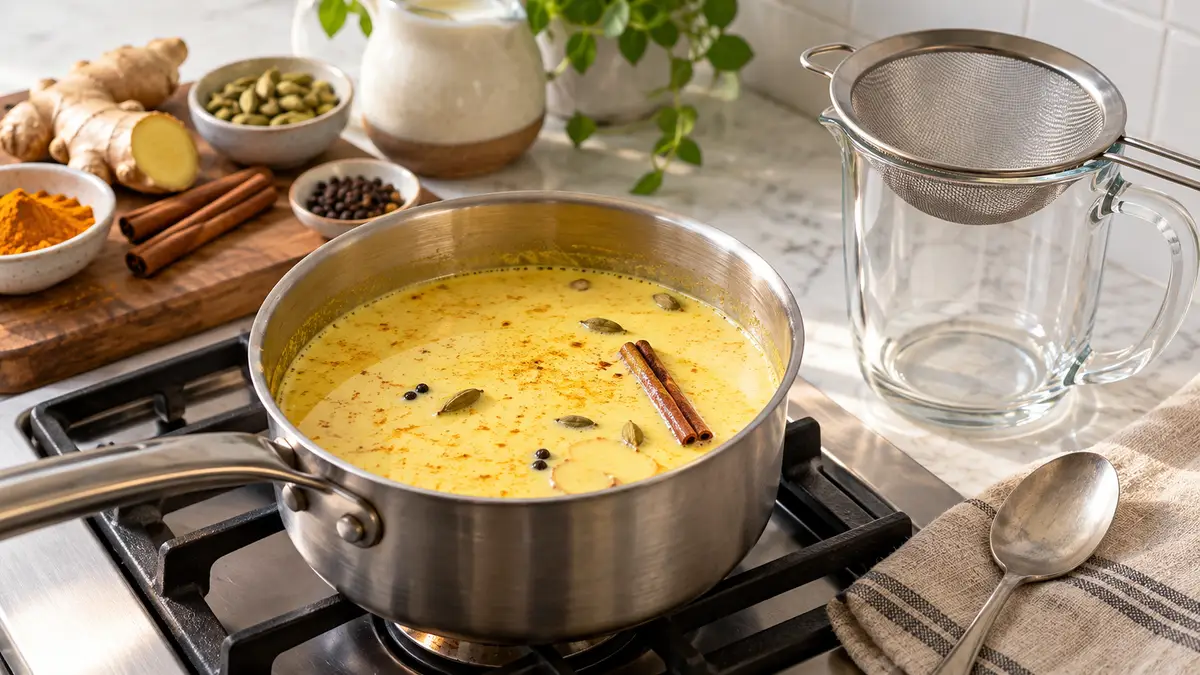Creamy golden chai in a saucepan beside a strainer and heatproof jug