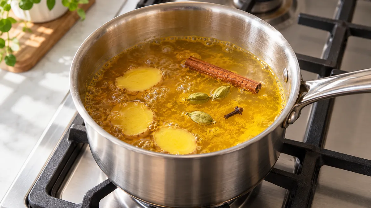 Turmeric water simmering with ginger, cinnamon, cardamom and clove in a saucepan