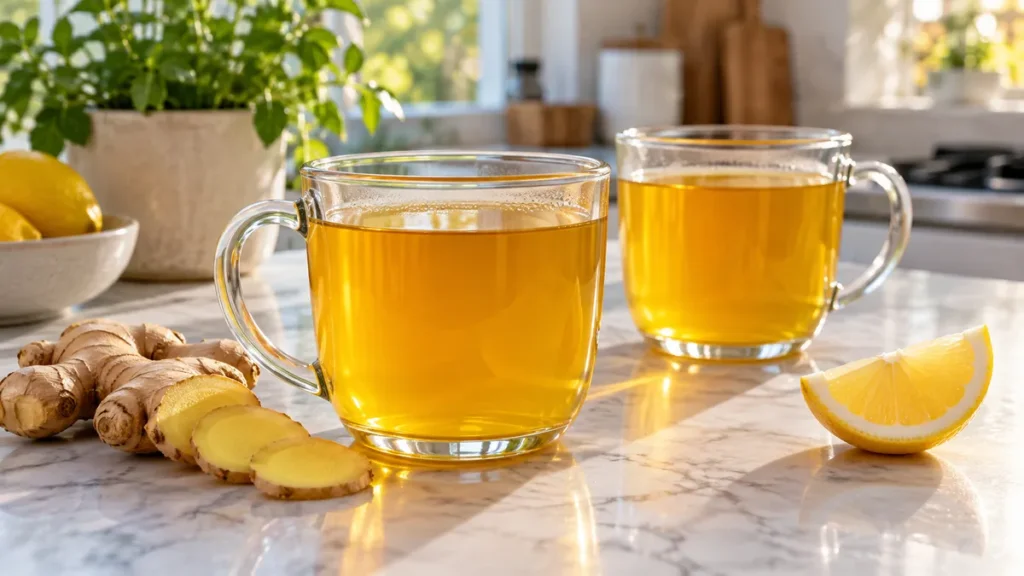 Two clear mugs of golden turmeric tea with ginger slices and a lemon wedge