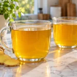 Two clear mugs of golden turmeric tea with ginger slices and a lemon wedge