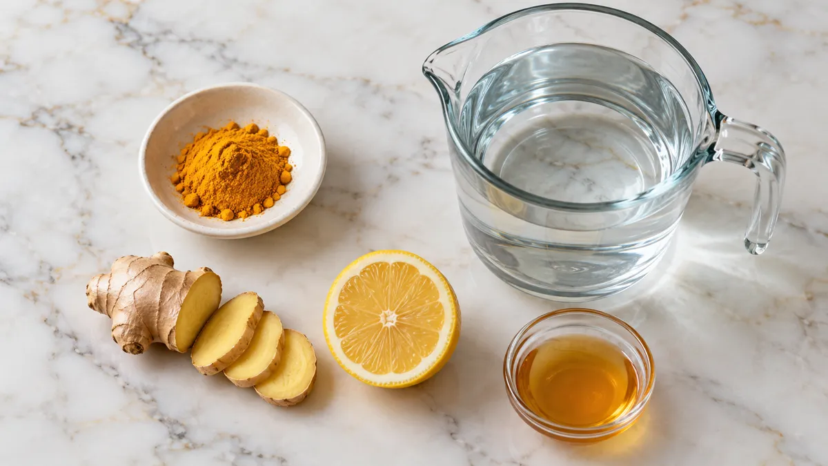 Ground turmeric, ginger, lemon, water and optional honey on a counter