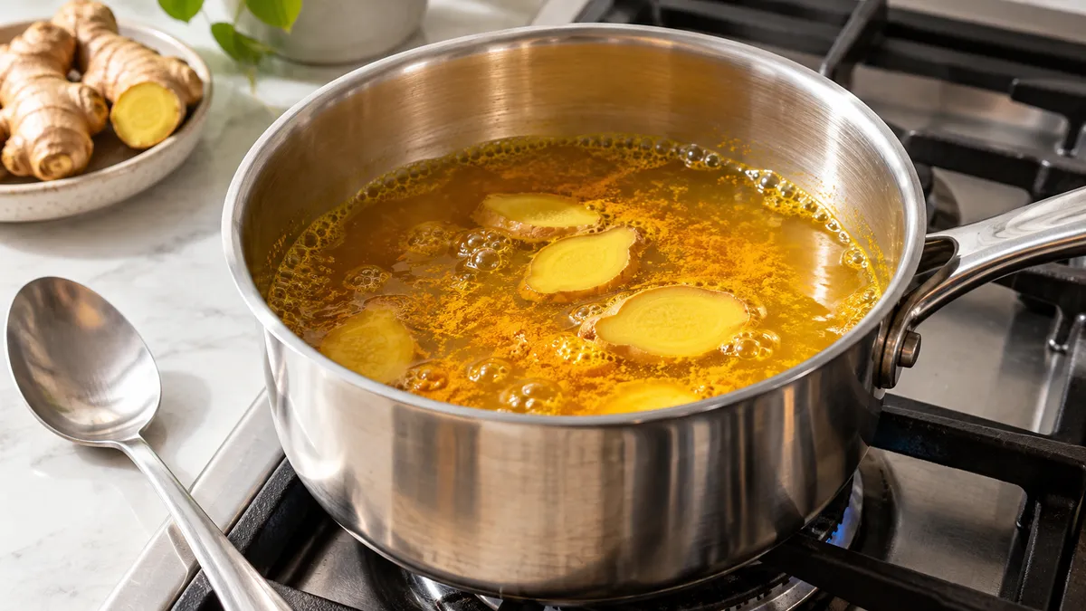 Golden turmeric water and ginger slices simmering in a stainless steel saucepan