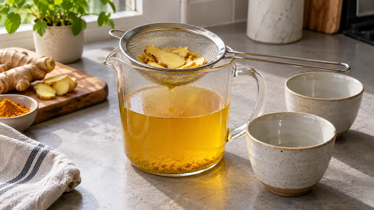Ginger slices in a strainer above golden tea with visible sediment in a clear jug