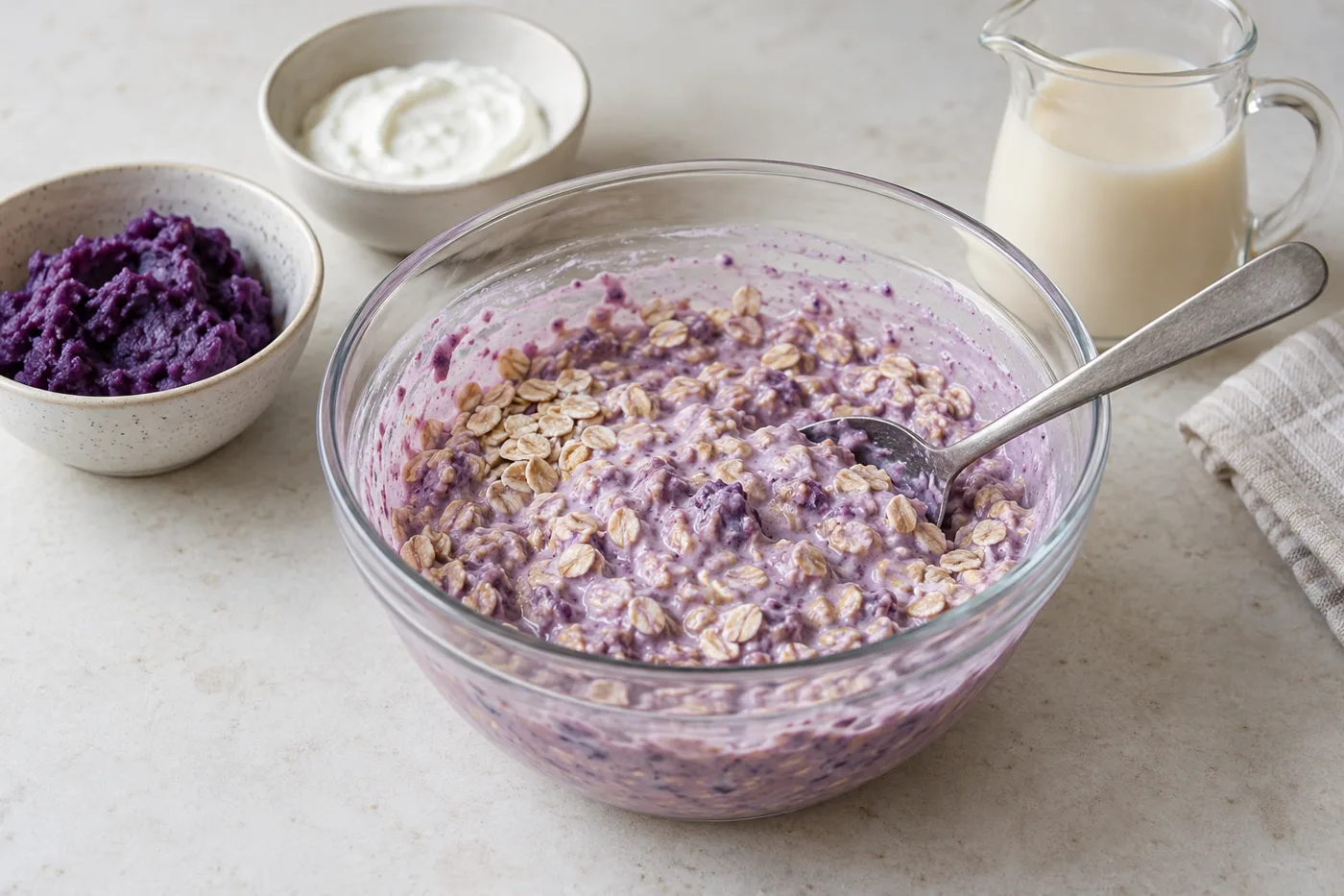 Rolled oats mixed with purple yam and Greek yogurt in a glass bowl