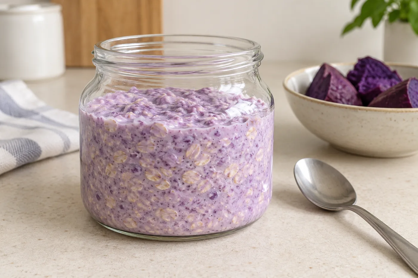 Creamy lavender ube overnight oats with visible oat flakes in a clear breakfast jar