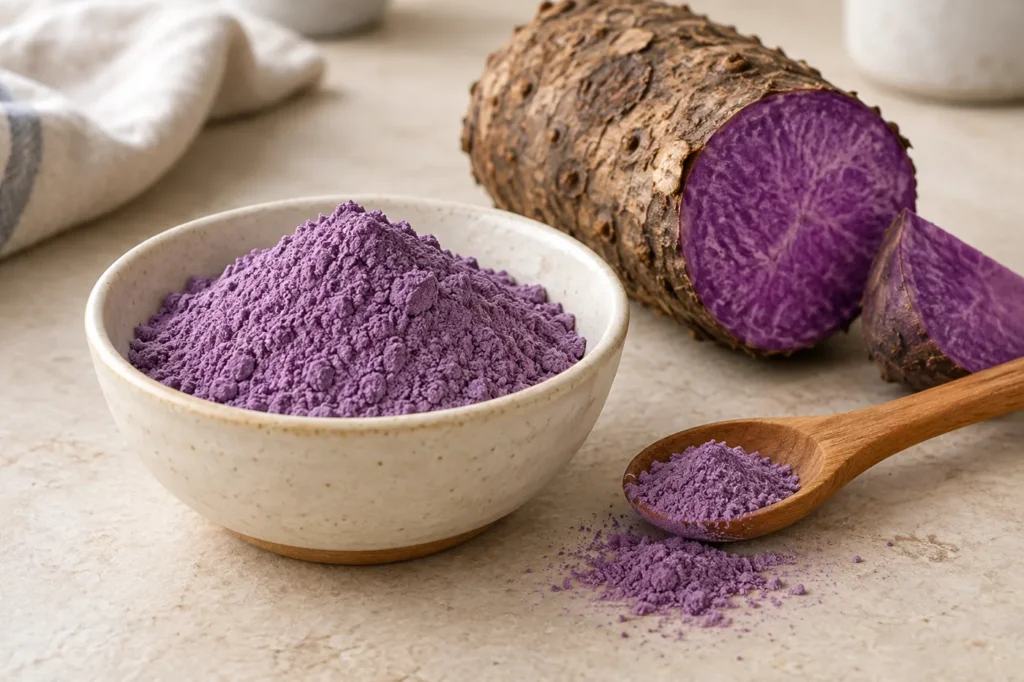 Purple yam powder in a ceramic bowl with a wooden spoon and cut ube tuber