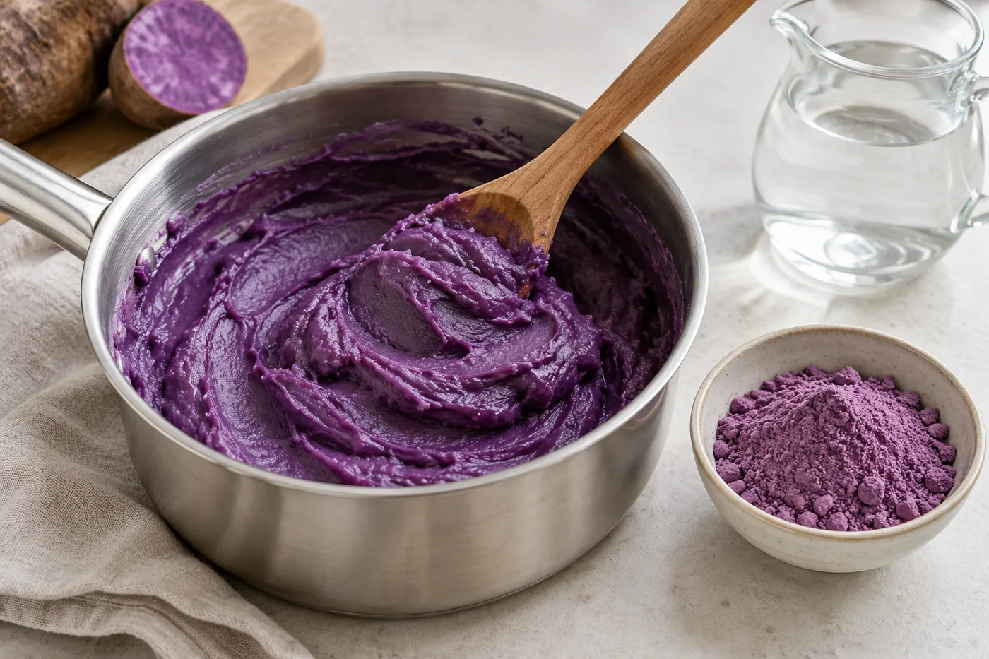 Prepared purple yam paste in a saucepan beside dry ube powder and water