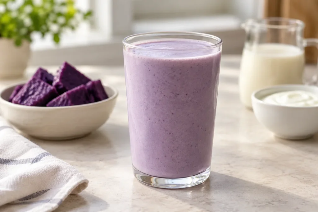 Pale purple ube protein shake in a glass beside cooked purple yam and plain yogurt