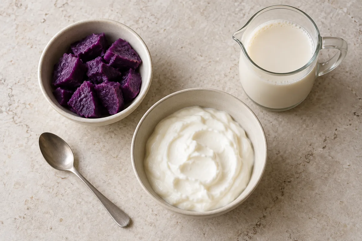 Cooked purple yam, plain Greek yogurt and soy milk arranged for an ube protein shake
