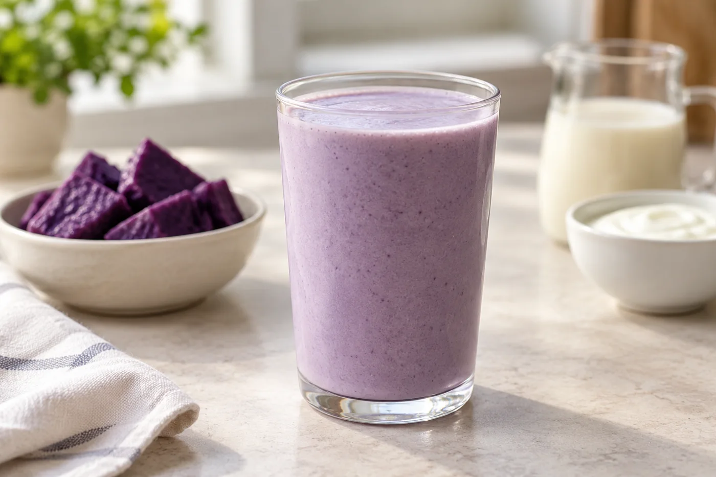 Pale purple ube protein shake in a glass beside cooked purple yam and plain yogurt