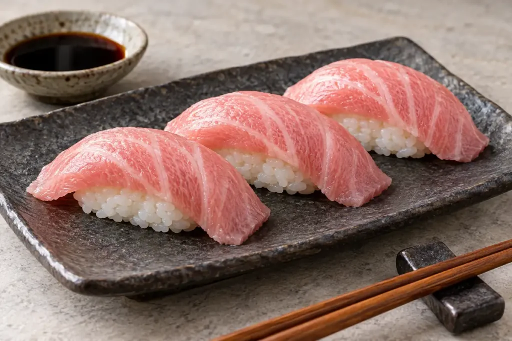 Pink marbled tuna slices over sushi rice on a dark ceramic plate